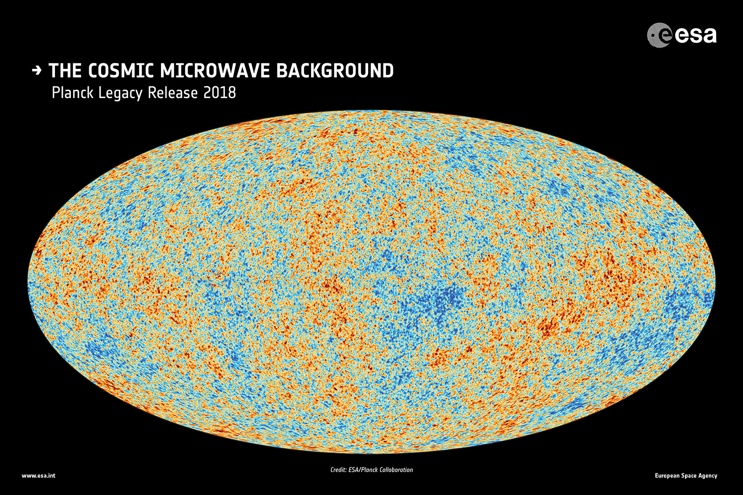 Plancks ovala helhimmelskarta med blå och orange temperaturvariationer i den kosmiska bakgrundsstrålningen.