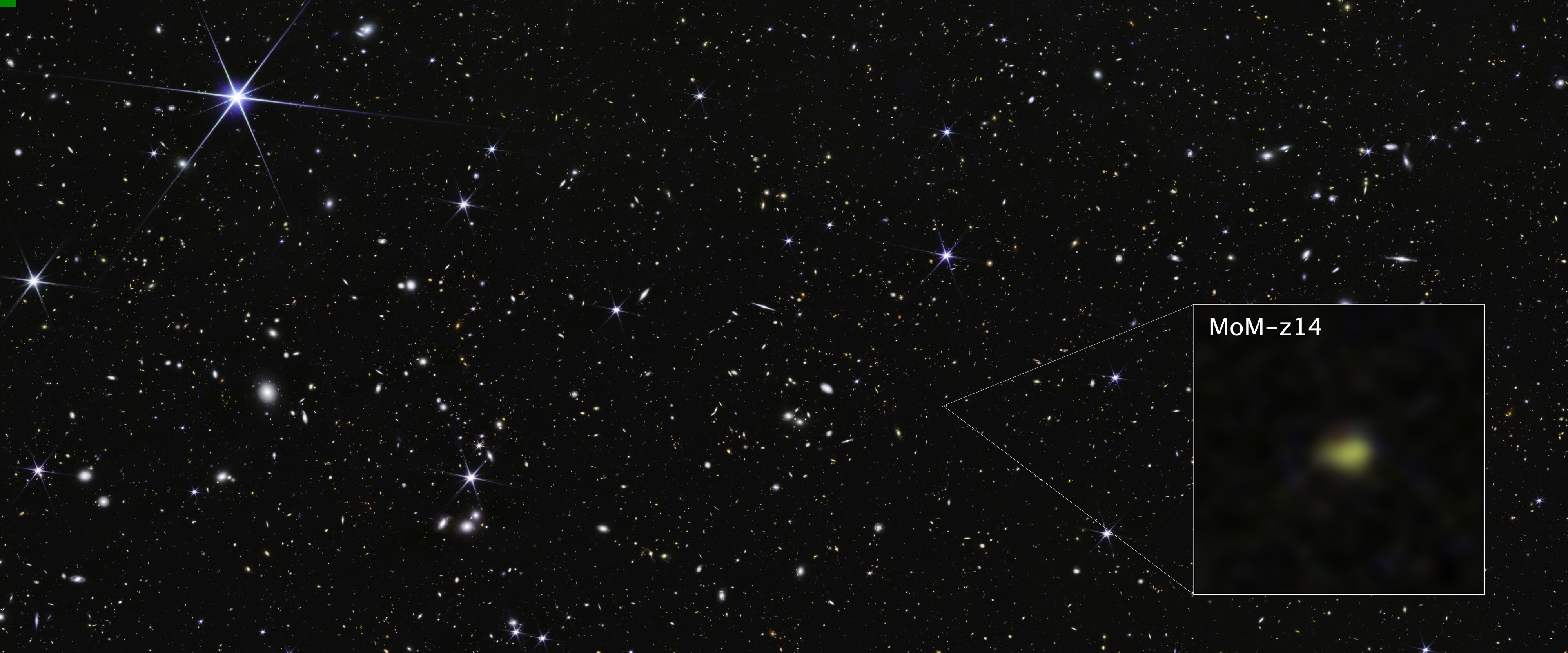 Webbs COSMOS-fält med en förstoring av den avlägsna galaxen MoM-z14.