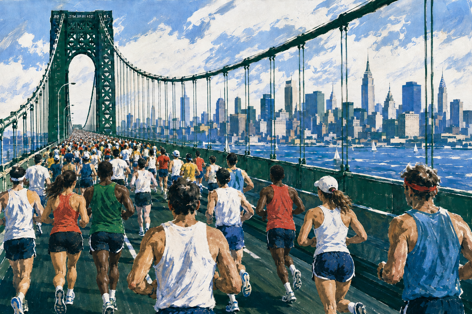 Affischillustration av ett löparfält på en hängbro, med New Yorks skyline över vattnet. Blått och mörkgrönt med röda och gula inslag.